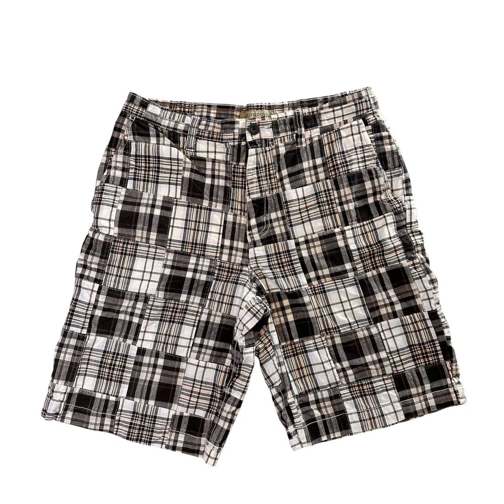 Vtg Mens Y2K Patchwork brown Plaid longer Shorts 100% cotton sz 32 skater grunge